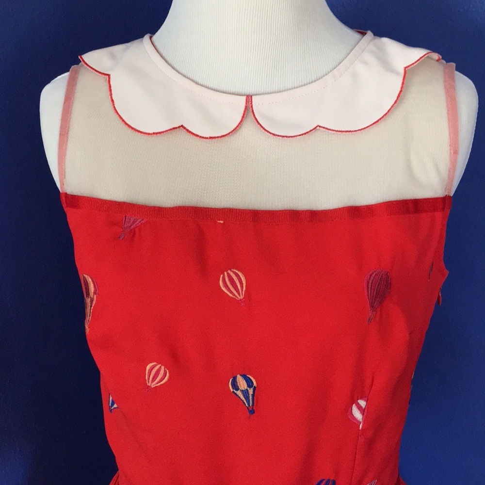 Nishe Red dress with multicolor embroidered hot air balloons & Peter Pan collar - Picture 9 of 15